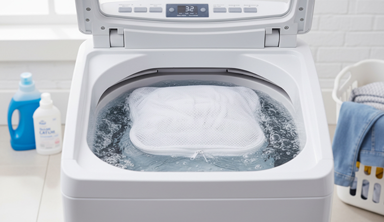 カーテン用洗濯ネットに入れて洗濯機で洗うイメージ