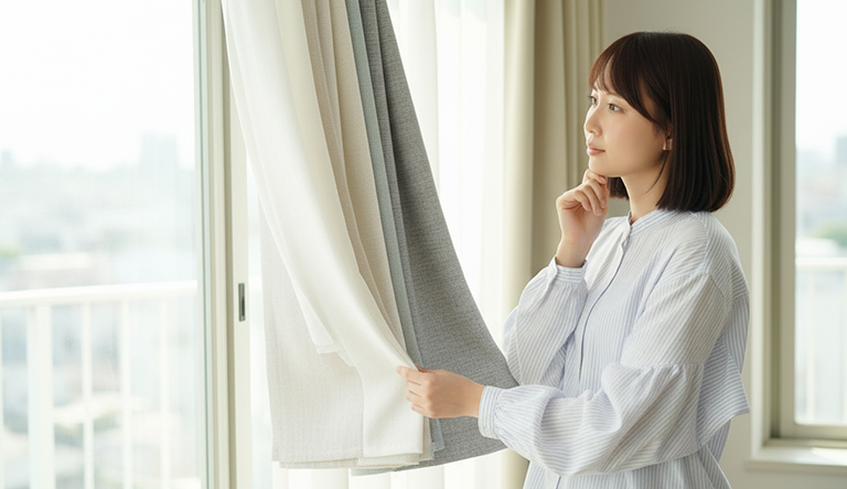 オーダーカーテンを選んでいる女性